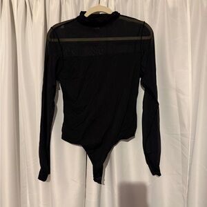 Black Long-Sleeve Mesh Panel Bodysuit - Women Tops